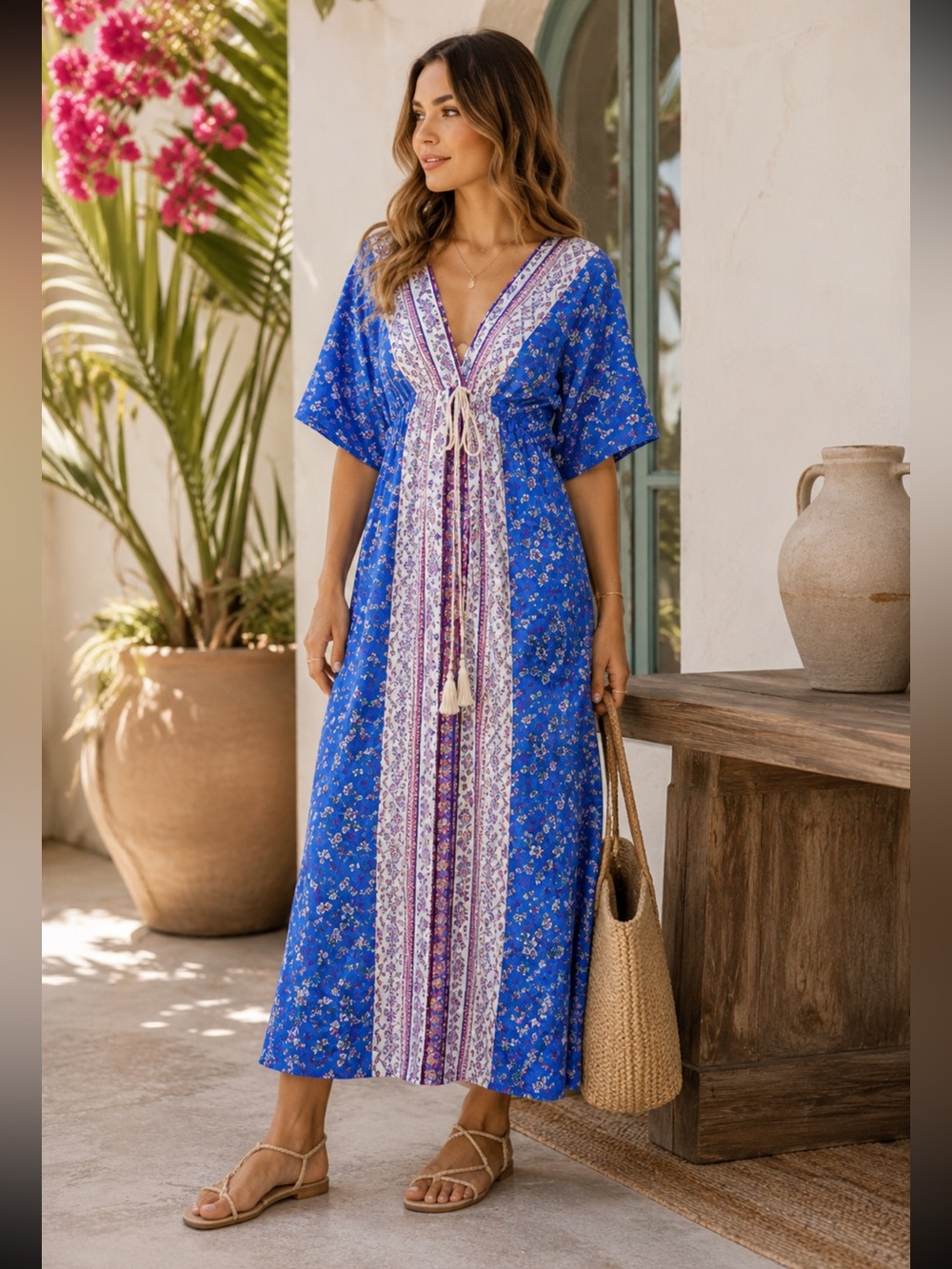 MADE IN ITALY Boho floral print deep v neck rope tie front kaftan maxi dress